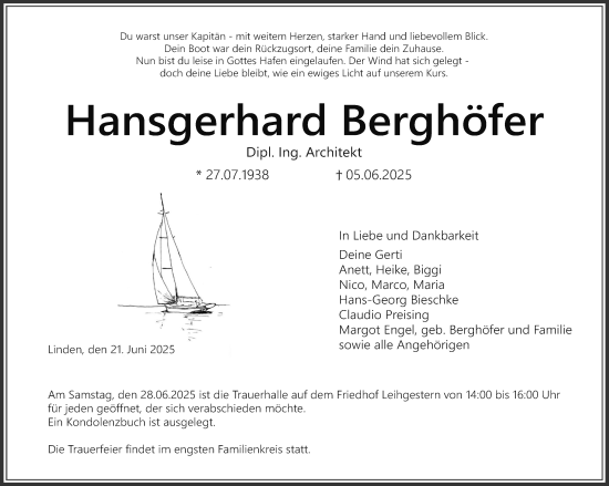 Traueranzeige von Hansgerhard Berghöfer von Giessener Anzeiger, Giessener Allgemeine, Alsfelder Allgemeine