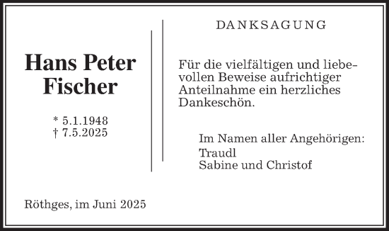 Traueranzeige von Hans Peter Fischer von Laubacher Anzeiger