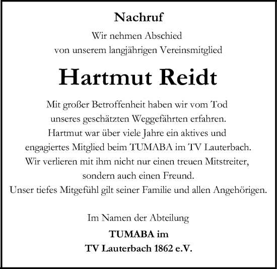 Traueranzeige von Hartmut Reidt von Lauterbacher Anzeiger