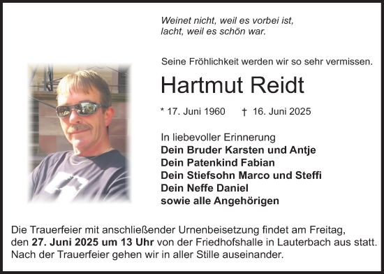Traueranzeige von Hartmut Reidt von Lauterbacher Anzeiger