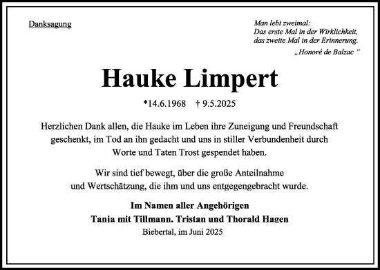 Traueranzeige von Hauke Limpert von Oberhessische Zeitung, Giessener Allgemeine, Alsfelder Allgemeine