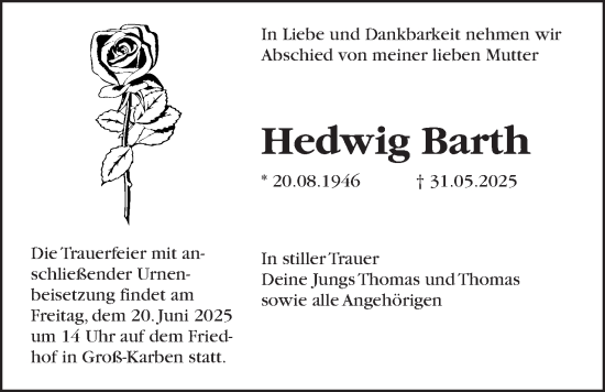 Traueranzeige von Hedwig Barth von Bad Vilbel/Karben