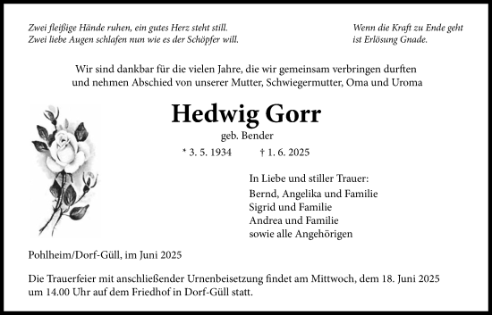 Traueranzeige von Hedwig Gorr von Pohlheimer Nachrichten