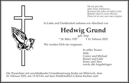 Traueranzeige von Hedwig Grund von Bad Vilbel/Karben