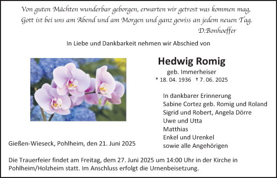 Traueranzeige von Hedwig Romig von Giessener Allgemeine, Alsfelder Allgemeine