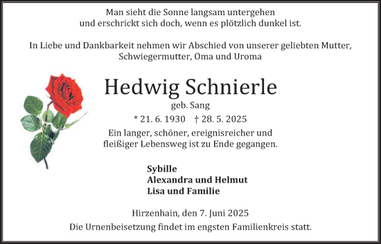 Traueranzeige von Hedwig Schnierle von Kreis-Anzeiger