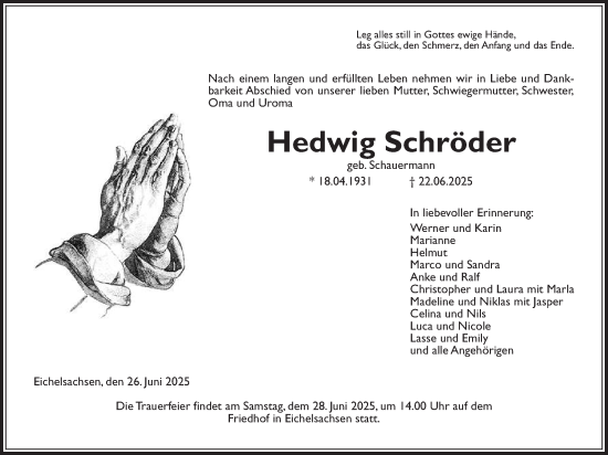Traueranzeige von Hedwig Schröder von Kreis-Anzeiger
