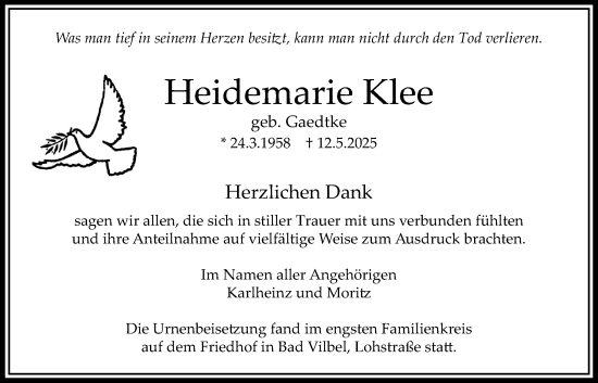 Traueranzeige von Heidemarie Klee von Bad Vilbel/Karben