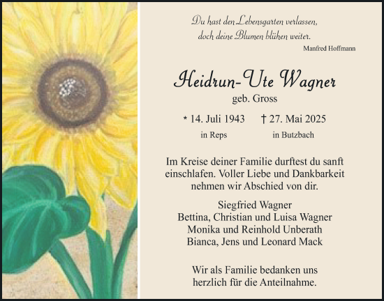 Traueranzeige von Heidrun-Ute Wagner von Butzbacher Zeitung