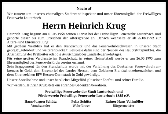 Traueranzeige von Heinrich Krug von Lauterbacher Anzeiger