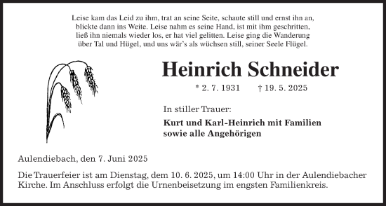 Traueranzeige von Heinrich Schneider von Kreis-Anzeiger