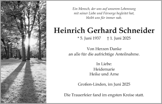 Traueranzeige von Heinrich Schneider von Giessener Allgemeine, Alsfelder Allgemeine, Giessener Anzeiger