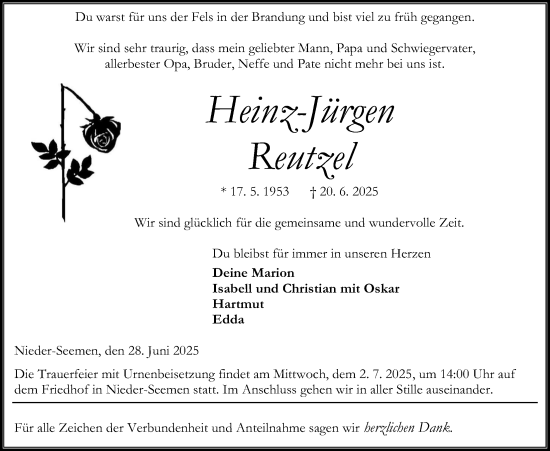 Traueranzeige von Heinz-Jürgen Reutzel von Kreis-Anzeiger