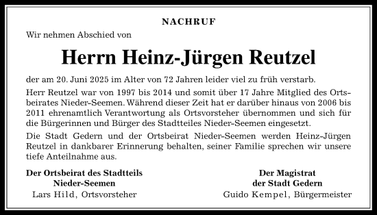 Traueranzeige von Heinz-Jürgen Reutzel von Kreis-Anzeiger