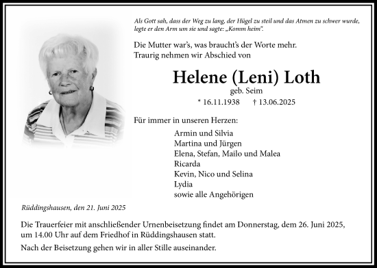 Traueranzeige von Helene Loth von Giessener Anzeiger, Giessener Allgemeine, Alsfelder Allgemeine