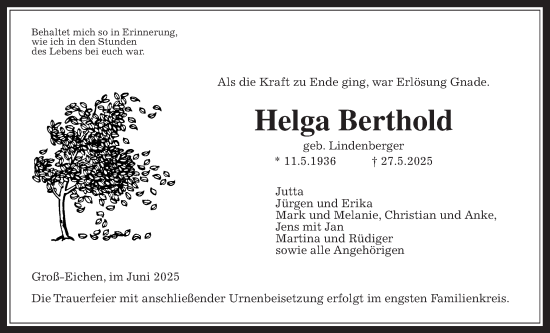 Traueranzeige von Helga Berthold von Mücker Stimme, Mücker Stimme