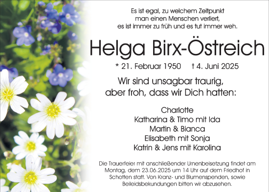 Traueranzeige von Helga Birx-Ostreich von Kreis-Anzeiger