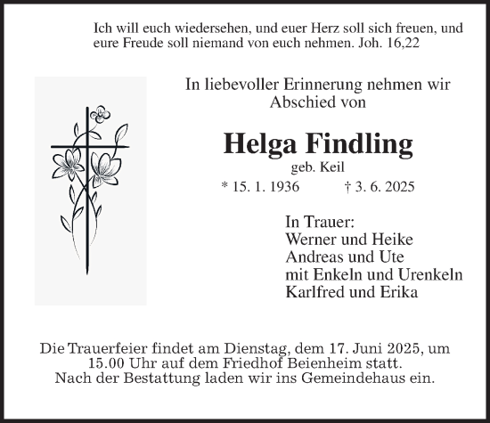 Traueranzeige von Helga Findling von Wetterauer Zeitung