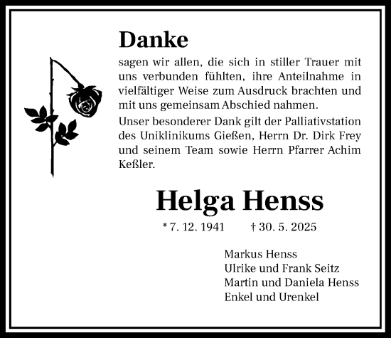 Traueranzeige von Helga Henss von Giessener Allgemeine, Alsfelder Allgemeine, Giessener Anzeiger