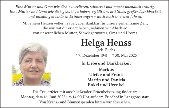 Traueranzeige von Helga Henss von Giessener Anzeiger, Giessener Allgemeine, Alsfelder Allgemeine