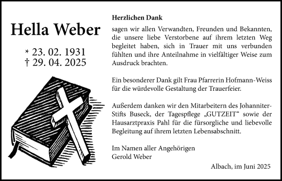 Traueranzeige von Hella Weber von Giessener Anzeiger, Giessener Allgemeine, Alsfelder Allgemeine