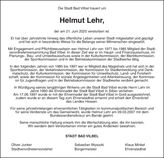 Traueranzeige von Helmut Lehr von Bad Vilbel/Karben