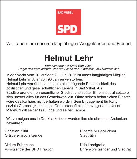 Traueranzeige von Helmut Lehr von Bad Vilbel/Karben