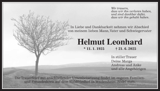 Traueranzeige von Helmut Leonhard von Wetterauer Zeitung