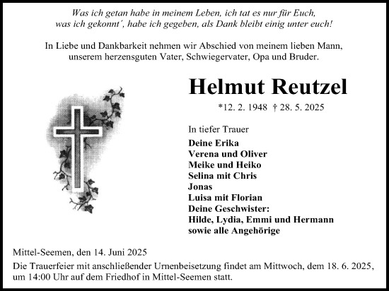 Traueranzeige von Helmut Reutzel von Kreis-Anzeiger