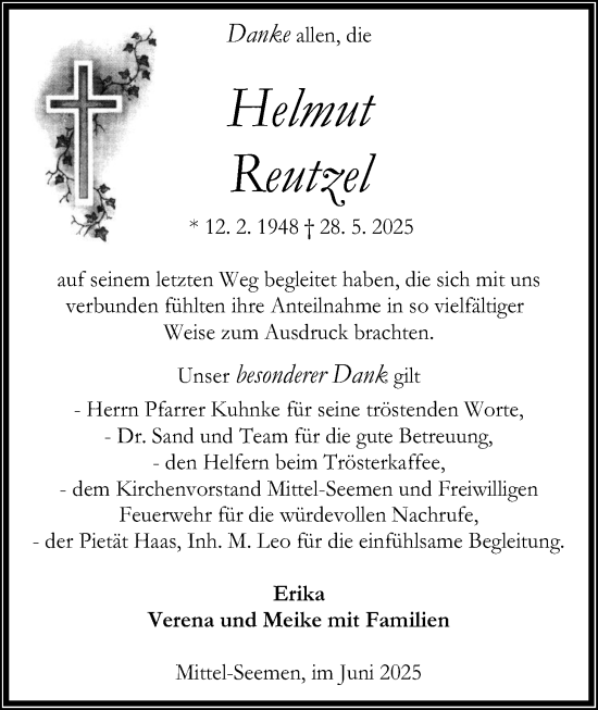 Traueranzeige von Helmut Reutzel von Kreis-Anzeiger