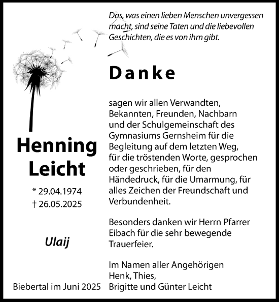 Traueranzeige von Henning Leicht von Giessener Allgemeine, Alsfelder Allgemeine