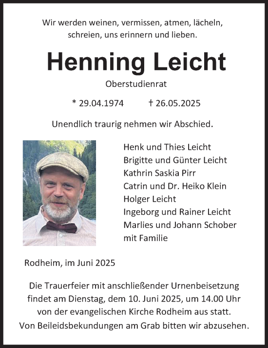 Traueranzeige von Henning Leicht von Giessener Anzeiger, Giessener Allgemeine, Alsfelder Allgemeine