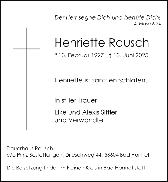Traueranzeige von Henriette Rausch von Wetterauer Zeitung