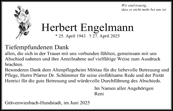 Traueranzeige von Herbert Engelmann von Usinger Anzeiger, Usinger Anzeigenblatt