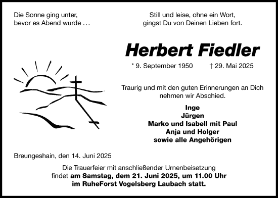 Traueranzeige von Herbert Fiedler von Kreis-Anzeiger