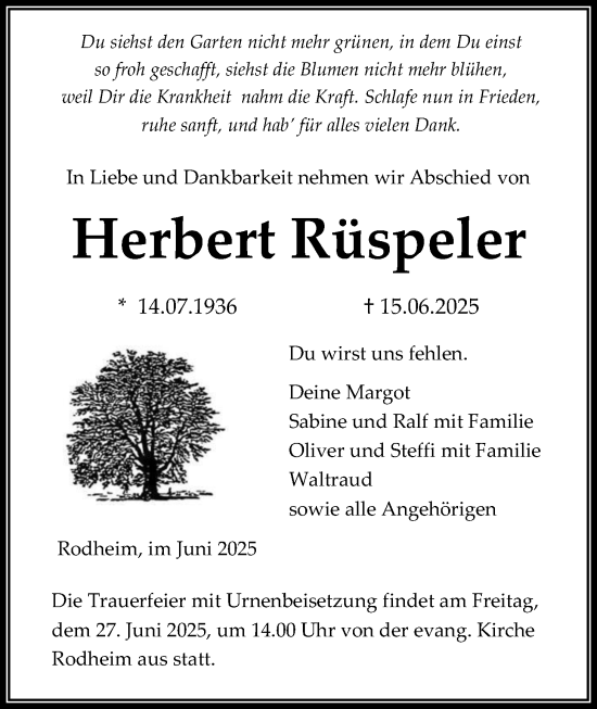 Traueranzeige von Herbert Rüspeler von Giessener Anzeiger