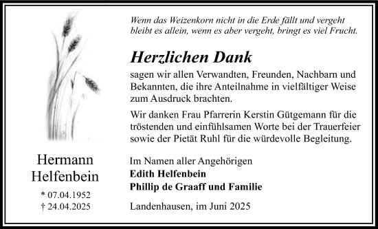 Traueranzeige von Hermann Helfenbein von Lauterbacher Anzeiger