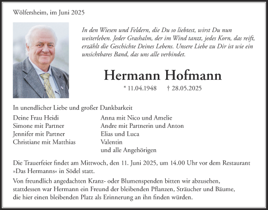 Traueranzeige von Hermann Hofmann von Wetterauer Zeitung