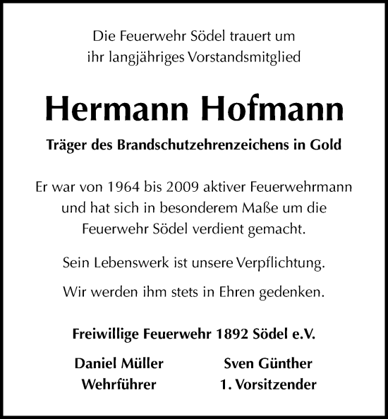 Traueranzeige von Hermann Hofmann von Wetterauer Zeitung