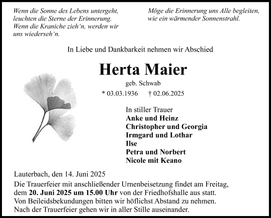 Traueranzeige von Herta Maier von Lauterbacher Anzeiger