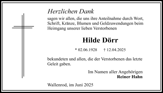 Traueranzeige von Hilde Dörr von Lauterbacher Anzeiger