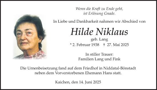 Traueranzeige von Hilde Niklaus von Wetterauer Zeitung