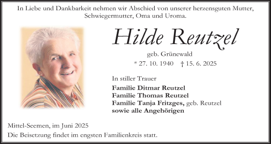 Traueranzeige von Hilde Reutzel von Kreis-Anzeiger