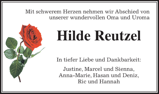 Traueranzeige von Hilde Reutzel von Kreis-Anzeiger