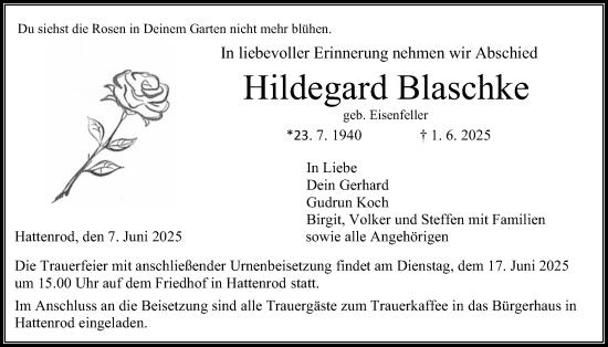 Traueranzeige von Hildegard Blaschke von Giessener Allgemeine, Alsfelder Allgemeine