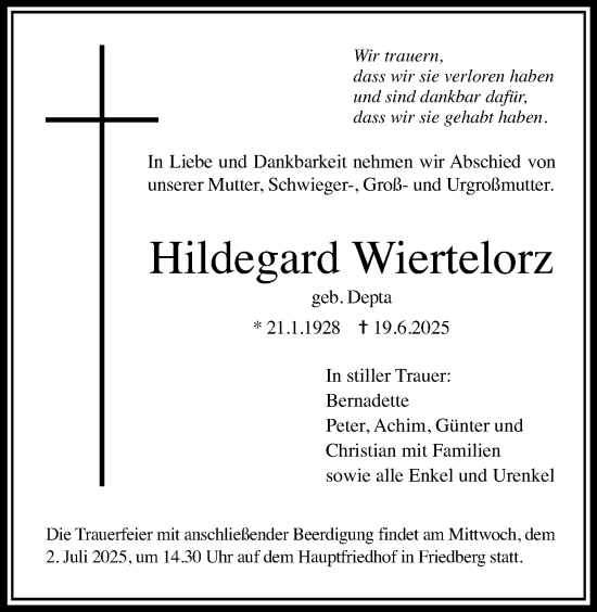Traueranzeige von Hildegard Wiertelorz von Wetterauer Zeitung