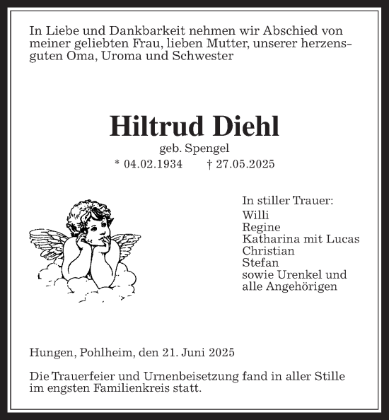 Traueranzeige von Hiltrud Diehl von Giessener Anzeiger
