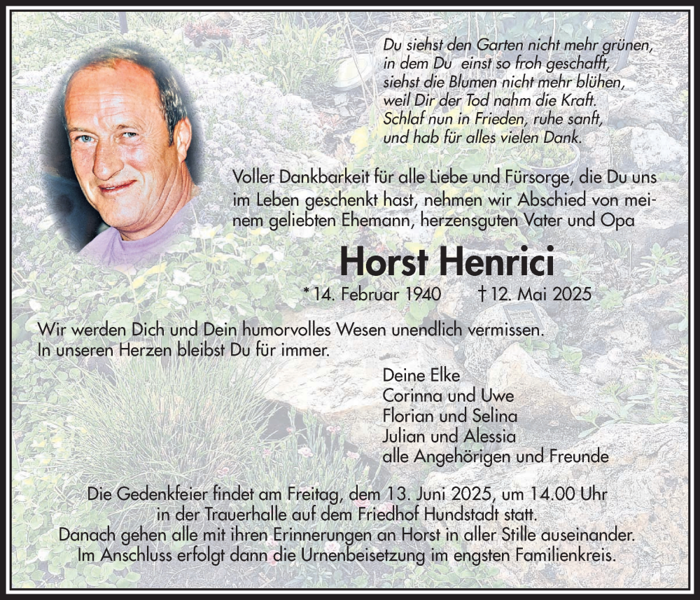  Traueranzeige für Horst Henrici vom 07.06.2025 aus Usinger Anzeigenblatt