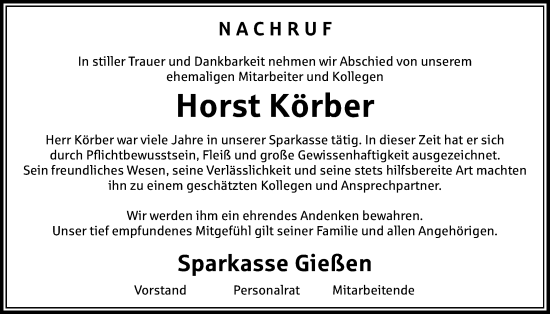 Traueranzeige von Horst Körber von Giessener Anzeiger, Giessener Allgemeine, Alsfelder Allgemeine