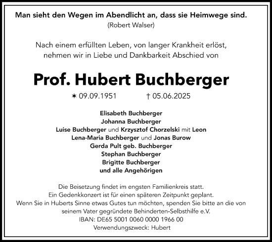 Traueranzeige von Hubert Buchberger von Bad Vilbel/Karben